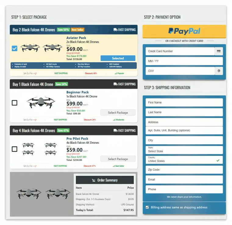 Black Falcon 4K Drone checkout page